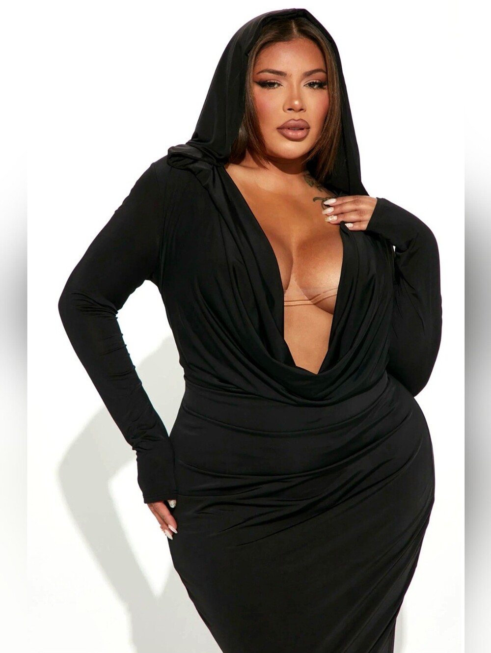 Fashion Nova deep down hooded maxi dress sexy blk morticia Addams vibe 1X NWT - Picture 8 of 17